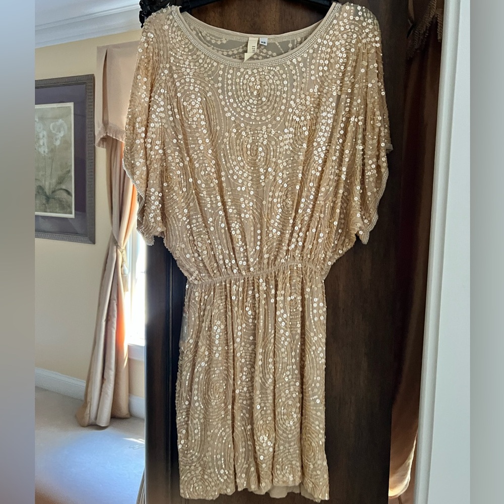 NWOT Sequin Champagne Gold Mini Shirt Dress